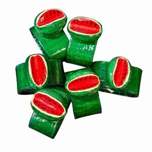 3D Watermelon Napkin Rings Bright Green Red Papier Mache/Decoupage Set 6 Vintage